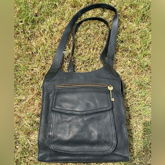 Fossil Vintage black pebbled leather bag saddle satchel classic key purse.    S - Picture 3 of 16